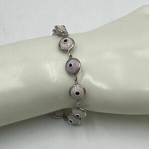 Sterling Silver Pink Glass Evil Eye Protection Lucky Bracelet 7.25”
